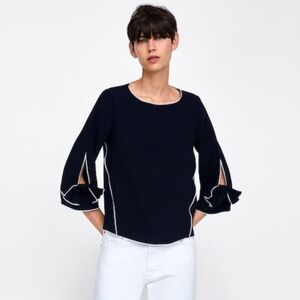 Zara bow sleeve piped navy blue and white blouse